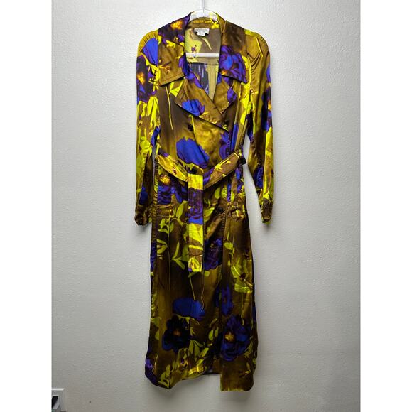 Dries Van Noten floral satin trench coat yellow women US 8 double-breasted - Picture 3 of 16